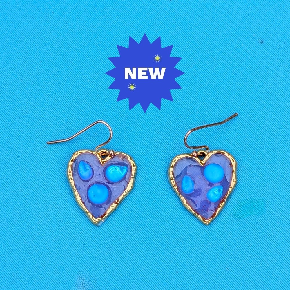 SOLD Blue and Gold Heart Dangle Earrings